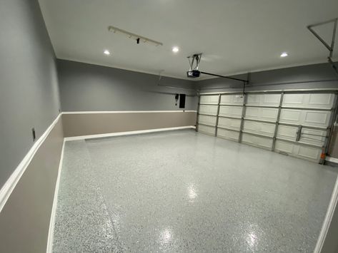 Epoxy floors 
Garage remodel 
Two tone garage 
Trim 
Baseboards
Crown moldings Two Tone Garage Walls, Garage Walls Paint Colors, Garage Trim, Garage Paint Ideas, Garage Paint Colors, New Baseboards, Garage Steps, Garage Design Ideas, Garage Workbench Plans