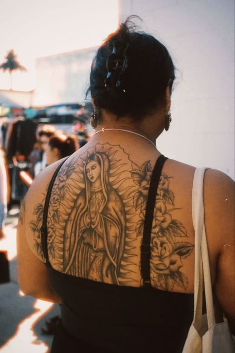 Latina Sleeve Tattoo, Arm Tattoos For Women Baddie, Virgencita Back Tattoo, Chicana Aesthetic Tattoos, Our Lady Tattoo, Guadalupe Back Tattoo, Feminine Mexican Tattoos, Virgin Mary Back Tattoo Women, Latina Tattoo Ideas Mexican Art