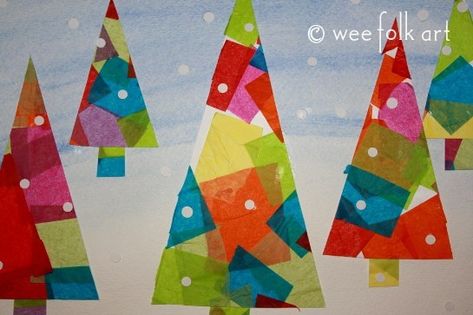 Winter Tissue Paper Trees – Wee Folk Art Tissue Paper Trees, Winter Landscape Art, Wee Folk Art, Paper Trees, Tissue Paper Art, Crafts By Season, Christmas Art Projects, Fun Christmas Cards, Winter Art Projects