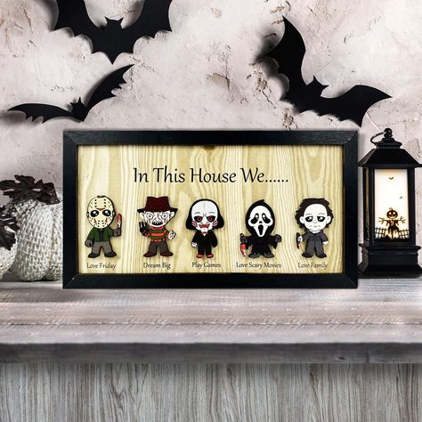 PRICES MAY VARY. WHAT YOU WILL GET: You will receive a 11.8*6.2inch Wooden Wall Art Hanging. Every Horror Movie Scary Classic Character is nearly high 2.5inch. This wooden decorative painting is very beautiful and can create a good Halloween atmosphere QUALITY MATERIAL:Our Halloween Wall Art Decoration is crafted from premium wood, ensuring durability and long-lasting use. The natural wood grain adds a rustic charm to any space, while the smooth finish gives it a polished look. WIDE APPLICATIONS