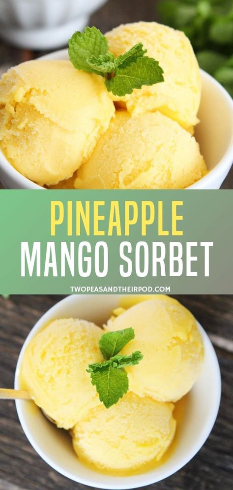 A sweet and refreshing Pineapple Mango Sorbet! It is the perfect creamy summertime treat and you are going to keep eating. It is so easy, you need only 4 ingredients: pineapple, mango, sugar, and fresh lime juice. Save this pin for later! Sorbet Recipes Easy, Mango Sorbet Recipe, Sherbet Recipes, Frozen Treats Recipes, Pineapple Sorbet, Sorbet Recipe, Lime Sorbet, Sorbet Ice Cream, Low Carbohydrate Recipes