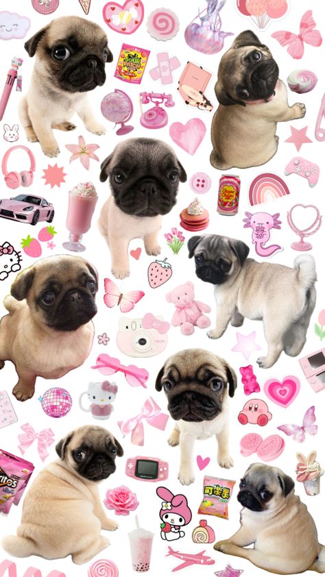 #pink #pug #dog #cute #flowers #stars #sweets #desserts #drinks #candy #sanrio #hellokitty #mymelody #kirby Cute Pugs Wallpapers, Pink Pug, Pug Wallpaper, Dog Artist, Pugs And Kisses, Putao, Wallpaper Doodle, Pretty Backgrounds, Purple Wallpaper Iphone