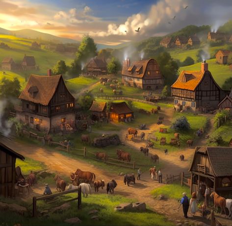 Fantasy Farm Art, Fantasy Farmland Landscape, Fantasy Farming Village, Medieval Village Concept Art, Fantasy Village Art, Fantasy Medieval Town, Fantasy Setting Village, Village Rpg, Farming Village