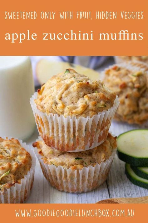 These Apple Zucchini Muffins are must bake for lunchboxes. No added sugar and with sneaky veggies, these light and delicious muffins are a fantastic snack. #lunchboxideas #lunchboxmuffins #noaddedsugar #healthybaking #bakingforkids #lowsugarbaking #goodiegoodielunchbox via @goodielunchbox Sugar Free Zucchini Muffins, Apple Zucchini Muffins, Low Sugar Baking, Apple Zucchini, Zucchini Cookies, Double Chocolate Chip Muffins, Hidden Veggies, Healthy Banana Bread, Zucchini Muffins