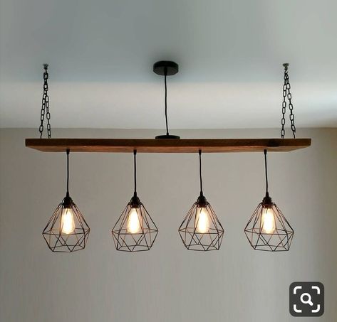 Feature lights Diy Industrial Lighting, Wooden Beam, Family Room Lighting, Industrial Kitchen Lighting, Dining Table Lighting, Wood Beam, Industrial Light, Cage Light, Industrial Living