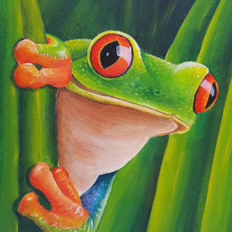 Large Tree frog painting using liquitex heavy body acrylic paints. Susan varley original from ooak mini world. Prints available soon in our… Tree Frog Painting, Tree Frog Art, Acrylic Frog, Frog Painting, Red Eyed Tree Frog, Mini World, Sea Turtle Art, Frog Drawing, Large Tree