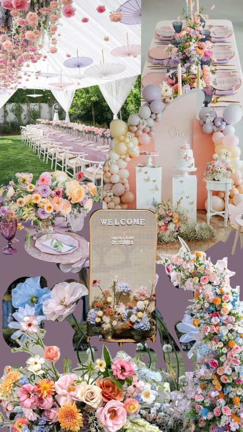 #pastelweddings #pastel #decor #bridetobe #pastelaesthetic #weddingaesthetic Pastel Color Bday Theme, Pastel Colors Theme Party, Pastel Garden Party Decoration, Pastel Color Wedding Theme, Pastel Bridal Shower Ideas, Pastel Garden Party, Bridgerton Garden, Pastel Bridal Party, Pastel Decorations