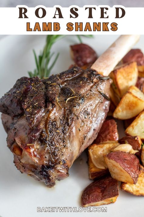 Roasted Lamb Shanks Roast Lamb Shanks, How To Cook Lamb Shanks Easy Recipes, Lamb Shank Recipes, Roast Lamb Shank Recipe, Lamb Risotto, Easy Lamb Shank Recipe, Roasted Lamb Shanks, Slow Roasted Lamb, Lamb Roast Recipe