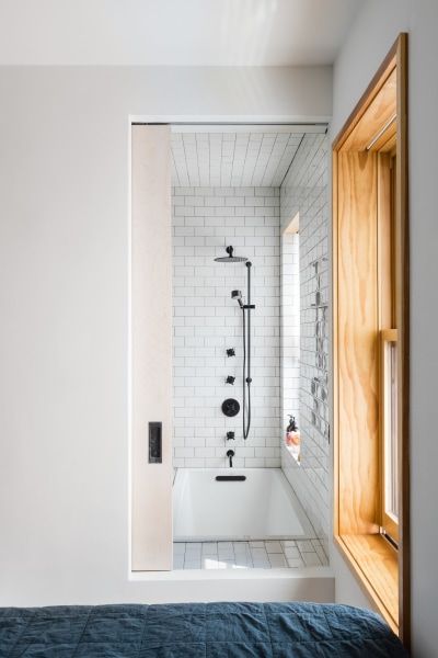 Unique Subway Tile, Sunken Bath, Subway Tile Bathroom, Sunken Bathtub, Sunken Tub, Bathtub Shower Combo, Open Bathroom, Bathroom Tub Shower, Subway Tiles Bathroom