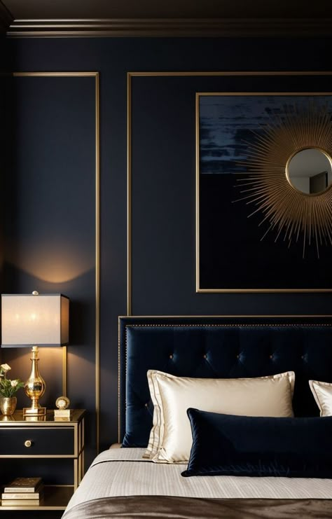 Midnight Blue Bedroom, Dark Blue Rooms, King Size Bed Designs, Blue And Gold Bedroom, Bed Makeover, Dark Blue Bedrooms, Blue Bedroom Walls, Blue Accent Walls, Aesthetic Bedroom Ideas