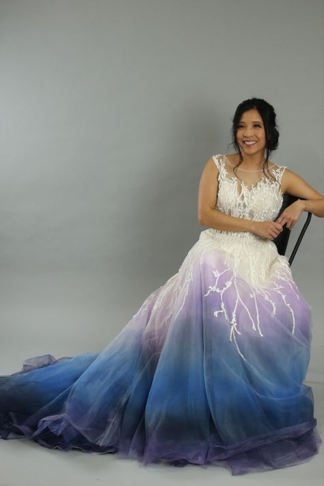 Looking for a modern and unique wedding dress? Look no further!  At Paintgirl shop, each gown a work of art and one-of-a-kind.  This dress has ombré colors, lavender, silver, blue, navy, and purple.  Other non-traditional options are available, with yellow, orange, red, pink and green.  Handmade in Kansas City. Wonderland Wedding Dress, Winter Wonderland Wedding Dress, Dye Wedding Dress, Wedding Dress Blue, Ombre Wedding Dress, Purple Wedding Dress, Snow Dress, Ombre Wedding, Silver Ombre