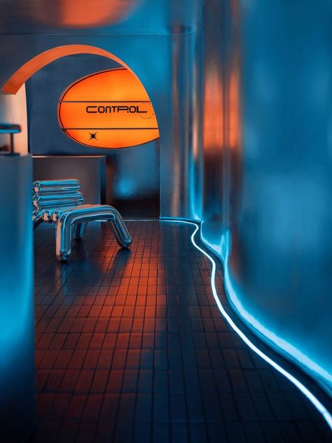 Window Restaurant Design, Vr Room Design, Neon Light Interior, Cyberpunk Interior Design, Futuristic Bar, Cyberpunk Interior, Futuristic Interior Design, Park Lighting, Nightclub Design