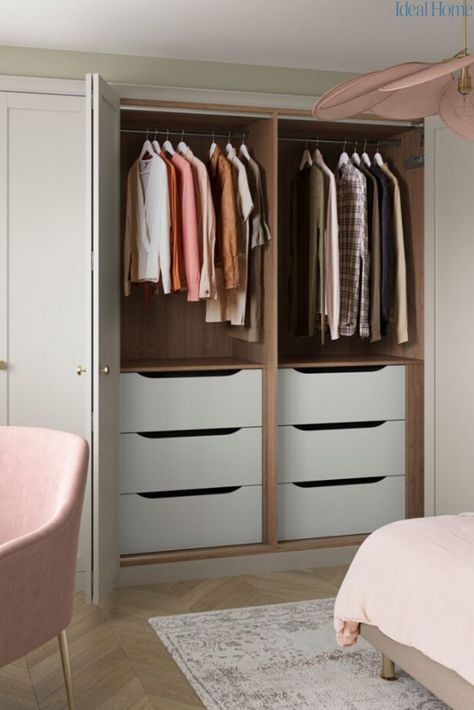 Now is the perfect time to clean so here's how to declutter your wardrobe to value your clothes more and maximise storage space. If you're a  shopaholic or a bit of a hoarder, every wardrobe needs a re-edit every now and again. We have the perfect tips for helping to create a more streamlined and fashion-forward wardrobe, while taking control over bedroom clutter. Declutter your wardrobe by following a few simple rules. #howtodeclutteryourwardrobe #howtoremoveclutter #decluttertips #houseclean Simple Wardrobes For Small Bedrooms, In Wardrobe Storage, Clothes Storage In Closet, Wardrobe Design Bedroom Simple, Simple Small Wardrobe Design, Wardrobe For Clothes, Small Clean Bedroom, Maximise Wardrobe Space, Clothes Storage For Small Bedrooms