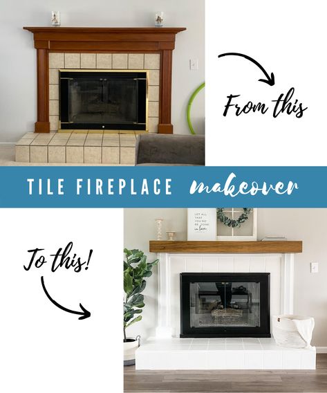 Use the Rustoleum floor coating paint to transform your ugly outdated tile fireplace. Super easy! Outdated Fireplace Makeover, 60s Fireplace Makeover, Fireplace Mantle Color Ideas, How To Paint Tile Fireplace, Update 90s Fireplace, Modernize Fireplace, Paint Tile Fireplace Before And After, Oak Fireplace Makeover, Painting Tile Around Fireplace