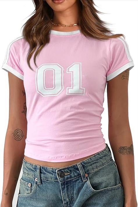 Imily Bela Womens Summer Crop Tops Y2k Baby Tees Cute Letter Print Short Sleeve Vintage T Shirt $19.98 Cute Letter, Summer Crop Top, Pink Jersey, Crop Top Women, Y2k Tops, Y2k Baby Tee, Pink Y2k, First Crush, Fits With Shorts