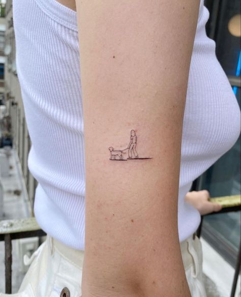 Djo Inspired Tattoos, Interesting Small Tattoos, Tiny Person Tattoo, Walking Dog Tattoo, Tiny Dog Tattoo Minimalist, Tattoo Dog Minimalist, Tattoo For Dog That Passed, Dog Ears Tattoos, Minimalist Dog Tattoo