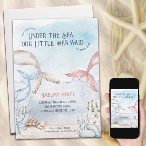 Under the Sea Little Mermaid Watercolor Birthday Invitation Turning Three, Mermaid Watercolor, Summer Birthday Invitations, Mermaid Birthday Party Invitations, Birthday Party Snacks, Third Birthday Party, Mermaid Invitations, Boho Watercolor, Mermaid Under The Sea