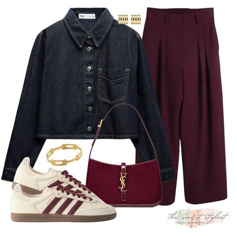 One pair of burgundy trending trousers, styled two ways! Both transitional outfits are styled with these sell out Adidas Sambas, but do you prefer the cream leather @desavarylondon jacket or the dark indigo denim shirt? I couldn’t decide! Comment LINKS to receive the outfit links directly 🙌🏼 Or SHOP the outfit in the August highlight or via my LTK SHOP - The Secret Stylist #burgundytrousers #burgundy #burgundytrousers #janeandtash #denimshirt #outfitoftheday #outfitideas #saintlaurentbag ... Burgundy Set Outfit, Burgundy And Cream Outfit, Dark Denim Shirt Outfit, Burgundy Trousers Outfit, Burgundy Shirt Outfit, Trending Trousers, Burgundy Outfits, Dark Denim Shirt, Burgundy Trousers