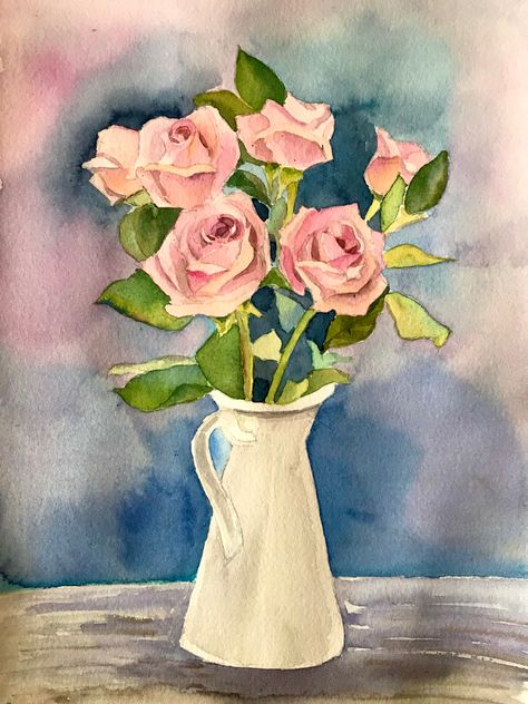 Bouquet Of Roses Painting, Flower Bouquet Drawing Watercolor Print, Flower Bouquet Painting Easy, Rose Bouquet Drawing, Rose Bouquet Painting, Pink Roses Painting, Flower Bouquet Watercolor, Handmade Room Decor, Art Of Flowers