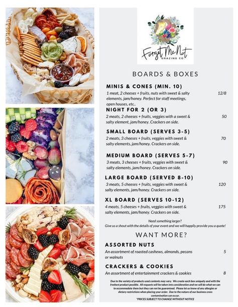 Charcuterie Box Pricing, Charcuterie Business Prices, Charcuterie Portions Per Person, Charcuterie Menu Design, Charcuterie Serving Size Per Person, Pricing Charcuterie Boards, Charcuterie Company Names, Charcuterie Board Price List, Open House Charcuterie Board