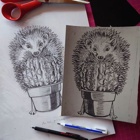 🦔Happy Friday!!!🦔 Got a lorra lorra carving to do this weekend chucks! Original pencil drawing vs graphite paper transfer to lino block. #hedgehog #nature #cactus #love #printmaker #printmaking #linoprint #linoprinting #linocut #linocutprint #blockprinting #reliefprint Lino Block, Relief Print, Lino Print, Linocut Prints, Pencil Drawing, Linocut, Badger, Happy Friday, Pencil Drawings