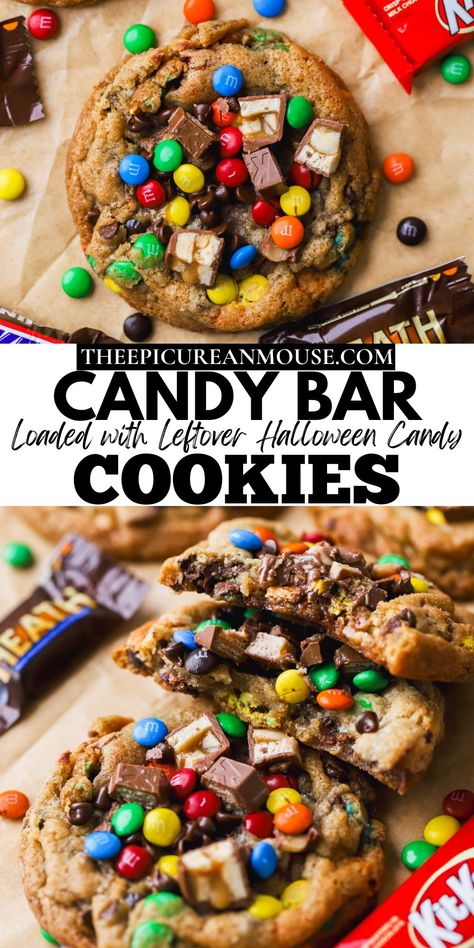 Got buckets of halloween candy and don't know what to do with it? I've got you covered with these delicious and incredibly easy candy bar cookies. They are filled with all of your favorite chocolatey treats, along with some additional chocolate chips. Brown Butter Candy Cookies, Recipes With Halloween Candy, Cookies With Halloween Candy, Leftover Candy Cookies, Halloween Candy Cookies Leftover, Candy Themed Desserts, Candy Bar Cookie Bars, Dump Cookies Recipes, Halloween Candy Cookie Bars