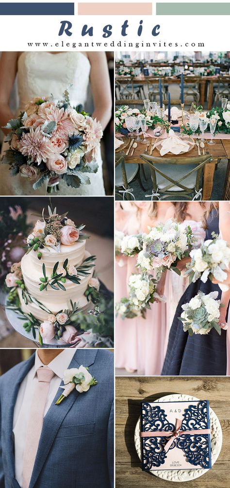 elegant rustic navy blue and blush pink wedding colors Blush Navy Blue Wedding, May Rustic Wedding Colors, Navy Blue Blush Pink White Wedding, Navy And Blush Wedding Colors, Navy And Beige Wedding Color Schemes, Navy And Blush Rustic Wedding, Rustic Pink Wedding Theme, Navy Blush Pink Wedding, Navy Blue Mauve Wedding