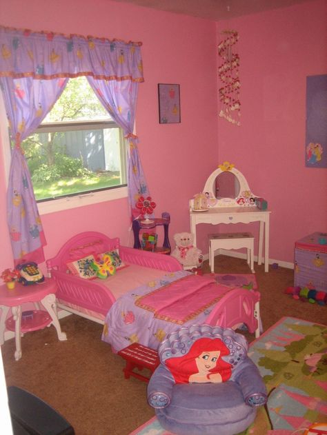 Amazing colour kids bedroom interior design, modern table, chair, window, curtain, wall painting, carpet and tiles flooring http://www.urbanhomez.com/construction/household_furniture Pink Princess Room, 2000s Bedroom, Purple Bedroom Design, Fairy Lights Room, Decorating Toddler Girls Room, Girls Room Paint, Bed Makeover, Pink Girl Room, Toddler Bedroom Girl