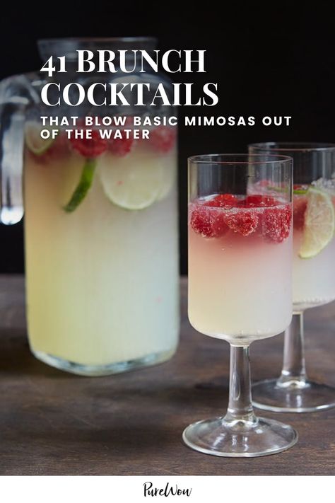 No matter what you’re serving for Sunday brunch, it’d taste better with a cocktail. Here are 41 brunch cocktails to shake up at home. #brunch #cocktails #recipes Wedding Day Drinks Mornings, Brunch Pitcher Cocktails, Signature Brunch Cocktails, Bachelorette Party Brunch Ideas, Wedding Morning Drinks, Brunch Alcoholic Beverages, Best Brunch Cocktails, Breakfast Cocktails Champagne, Vodka Brunch Cocktail