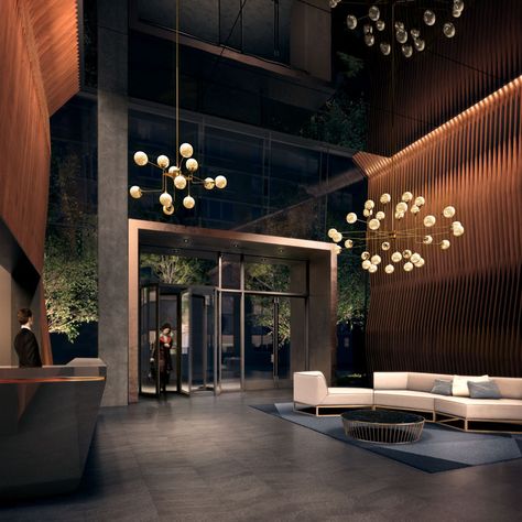 Building Lobby Design Residential, Interior Design Copper, Lobi Design, Design Magazine Inspiration, Grand Hotel Lobby, Lobby Design Residential, Building Lobby Design, Industrial Lobby, Lobby Desk