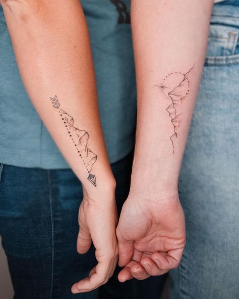 Moutain Tattoos, Matching Best Friend Tattoos, Mountain Tattoo, Best Friend Tattoos, Friend Tattoos, Fine Line Tattoos, Matching Tattoos, Minimal Tattoo, Line Tattoos