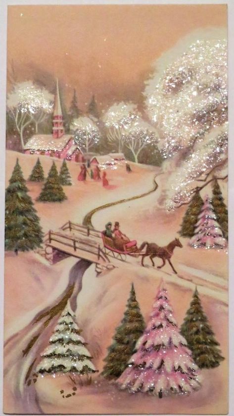 Vintage Christmas Toys, Pink Xmas, Pink Christmas Tree, Pink Trees, Sleigh Ride, Winter Scene, Christmas Postcard, Vintage Christmas Cards, Vintage Christmas Decorations