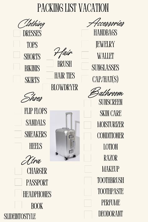 Packing list, vacation, trip, organization, luggage, Packlista, semester, resa, organisation, bagage Stockholm Packing List, Vacation Accessories, Blow Dryer, Top Dress, Packing List, Sunscreen, Brushing Teeth, Hair Ties, Hair Jewelry