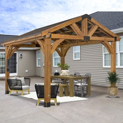 Backyard Discovery 12-ft x 12-ft Arlington Square Brown Wood Steel Roof Semi-permanent Gazebo in the Gazebos department at Lowes.com Frontyard Landscape, Landscape Planning, Permanent Gazebo, Landscape Layout, Design Backyard, Louvered Pergola, Outdoor Gazebo, Cheap Backyard, Steel Roof