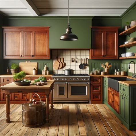 cherry kitchen cabinets with moss green walls Moss Green Walls, Cherry Cabinet Kitchen, Cherry Kitchen Cabinets, Green Kitchen Walls, Cherry Wood Kitchens, Cherry Wood Cabinets, Dark Green Kitchen, Transitional Kitchen Design, Brown Kitchen Cabinets