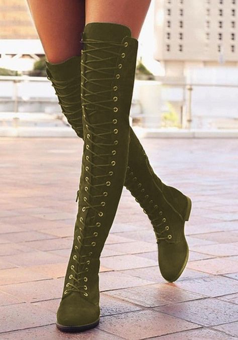 Grün Runder Zehe Chunky Reißverschluss Schnürung Flach Overknees Mode Damen Langschaft Stiefel Hak Tinggi, Heeled Lace Up Boots, Thigh High Boots Flat, High Boots Outfit, Womens High Boots, Low Heel Flats, Flat Heel Boots, Zipper Boots, Winter Boots Women