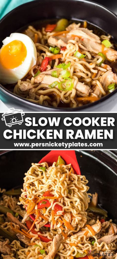 Slow Cooker Chicken Ramen is a light, yet hearty noodle dish made in the crockpot using budget-friendly ingredients and a ton of flavor! It's made with slurpy noodles, chicken, veggies, and a sweet and savory broth that comes together with just 10 minutes of prep time! Ramen Noodle Recipes Easy Crockpot, Crockpot Recipes Ramen, Slow Cooker Chicken Ramen Recipes, Slow Cooker Chicken Ramen, Crockpot Ramen With Meat, Chicken Ramen Noodle Recipes, Chicken Ramen Recipe, Persnickety Plates, Noodles Chicken