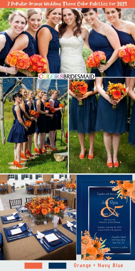 7 Popular Orange Wedding Theme Color Palettes for 2023 - ColorsBridesmaid Blue And Orange Wedding Bridesmaids, Navy Blue And Light Orange Wedding, Orange And Dark Blue Wedding, Orange And Blue Wedding Colors Colour Palettes, Wedding Theme Color Palettes, Navy Blue And Sunset Orange Wedding, Theme Color Palettes, Orange And Navy Blue Wedding, Color Palettes 2023