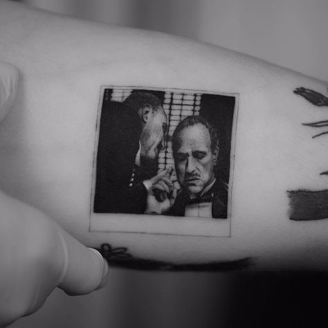 Godfather Tattoo Ideas, Jack Nicholson The Shining, The Godfather Wallpaper, Godfather Tattoo, Framed Tattoo, Movie Tattoo, Movie Tattoos, Book Tattoo, Tattoo Cover-up