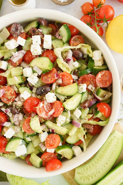 Partially cropped bowl of Greek salad, featuring fresh lettuce, cucumbers, tomatoes, red onions, feta cheese, and Kalamata olives, Cucumber Tomato Olive Feta Salad, Greek Salad With Lettuce, Recipe With Lettuce, Salad With Lettuce, Greek Salad Recipe, Egg Lunch, Feta Cheese Salad, Mozzarella Salad, Meat Pasta