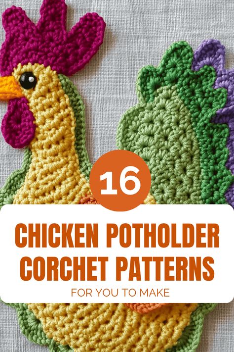 Easy Chicken Crochet Potholder Patterns Crochet Chicken Towel Topper, Free Crochet Patterns For Chickens, Crochet Chicken Pot Holder, Vintage Crochet Potholder Patterns Free, Vintage Potholders Free Pattern, Chicken Potholders Crochet Free Pattern, Chicken Pot Holders Crochet Free Pattern, Farm Crochet Patterns, Chicken Coasters Crochet