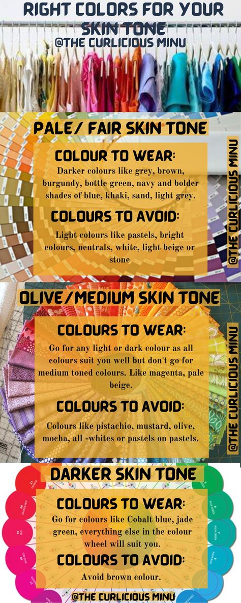 Right color for your skin tone. Dusky Skin Colour Palette, Fair Skin Color Palette, Color Palette For Dark Skin Tone, Fair Skin Colors To Wear, Fair Complexion Makeup, How To Make Skin Fair, Skin Tone Chart Color Palettes, Clothes Color For Dark Skin Women, Colors That Look Good On Dark Skin