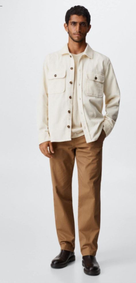 Beige Corduroy Jacket Outfit, White Corduroy Jacket Outfit, Kyoto Prewedding, Outfit Sobrecamisa, Earth Tone Outfits Men, Tan Pants Men, Cream Pants Outfit, Brunch Fits, Outfit Cowo