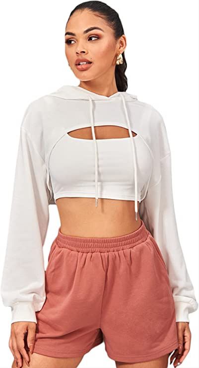 Sheln Women's Long Sleeve Drawstring Super Crop Top Hoodie, Drop Shoulder Ultra Cropped Pullover Top Super Cropped Shirt, Crop Top Ideas For Women, Crop Hoodies Womens, Crop Pullover Outfits, Long Sleeve Crop Top Outfits, Crop Top Hoodie Outfit, Cute Crop Top Outfits, White Crop Top Hoodie, White Crop Hoodie