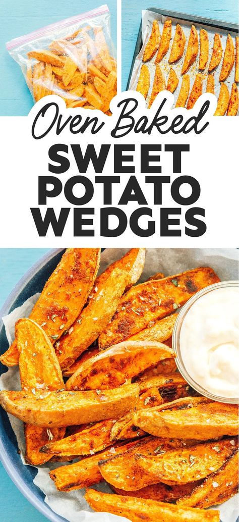 This Oven-Baked Sweet Potato Wedges recipe makes crispy on the outside, tender on the inside, dipped in an herby garlic yogurt sauce fries that you're going to love! Packed with nutrients and low in fat, these are the perfect flavorful side dish or snack for the fall. Sweet Potato Wedges Oven, Crispy Sweet Potato Wedges, Baked Sweet Potato Wedges, Sweet Potato Oven, Garlic Yogurt, Potato Wedges Recipe, Wedges Recipe, Potato Wedges Baked, Sweet Potato Fries Baked