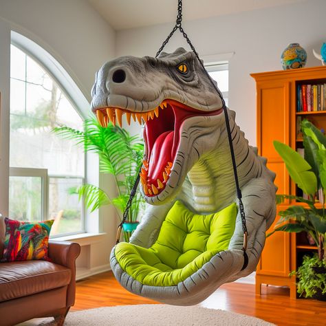 These Hanging Dinosaur Loungers Will Have Your Kids Swinging into the Jurassic Age! Hanging Dinosaur Lounger, Dinosaur Chair, Dinosaur Bed, Batman Decor, Dinosaur Head, Art Items, Childs Play, Kids Labels, Swing Chair