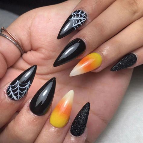 Best Candy Corn Nails Ideas for Halloween – Lavis Dip Systems Inc Halloween Stiletto, Candy Corn Nails, Black Halloween Nails, Holloween Nails, Halloween Acrylic Nails, Cute Halloween Nails, Stiletto Nail Art, Her Nails, Halloween Nail Designs