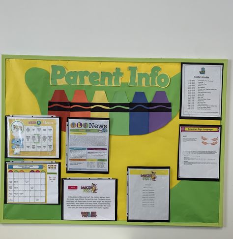 Weekly Learning Board, Organisation, Pre K Parent Information Board, Bulletin Board Ideas For Parent Info, Parent Boards Preschool, School Parent Bulletin Boards, Infant Parent Board Ideas, Pre K Parent Board, Kindercare Classroom Prek