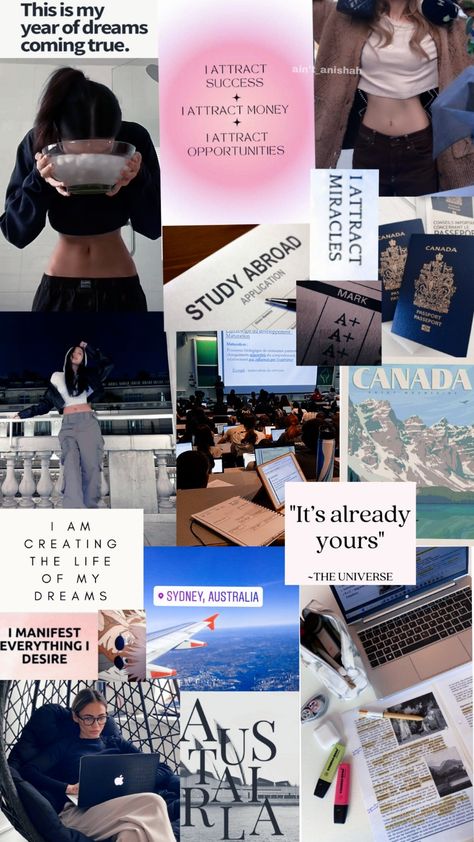 Study abroad and glow up vision board. Australia Vision Board, Abroad Wallpaper, Glow Up Vision Board, Study Abroad Aesthetic, Study Abroad Australia, Goblin Kdrama, Vision Board Examples, Board Wallpaper, Med School Motivation