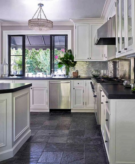 the style saloniste: New and Exclusive to The Style Saloniste: Airy Opulence Slate Floor Kitchen, Slate Kitchen, Grey Kitchen Floor, Black Floor Tiles, Gray And White Kitchen, Black Countertops, Diy Backsplash, Dark Kitchen, White Kitchen Design